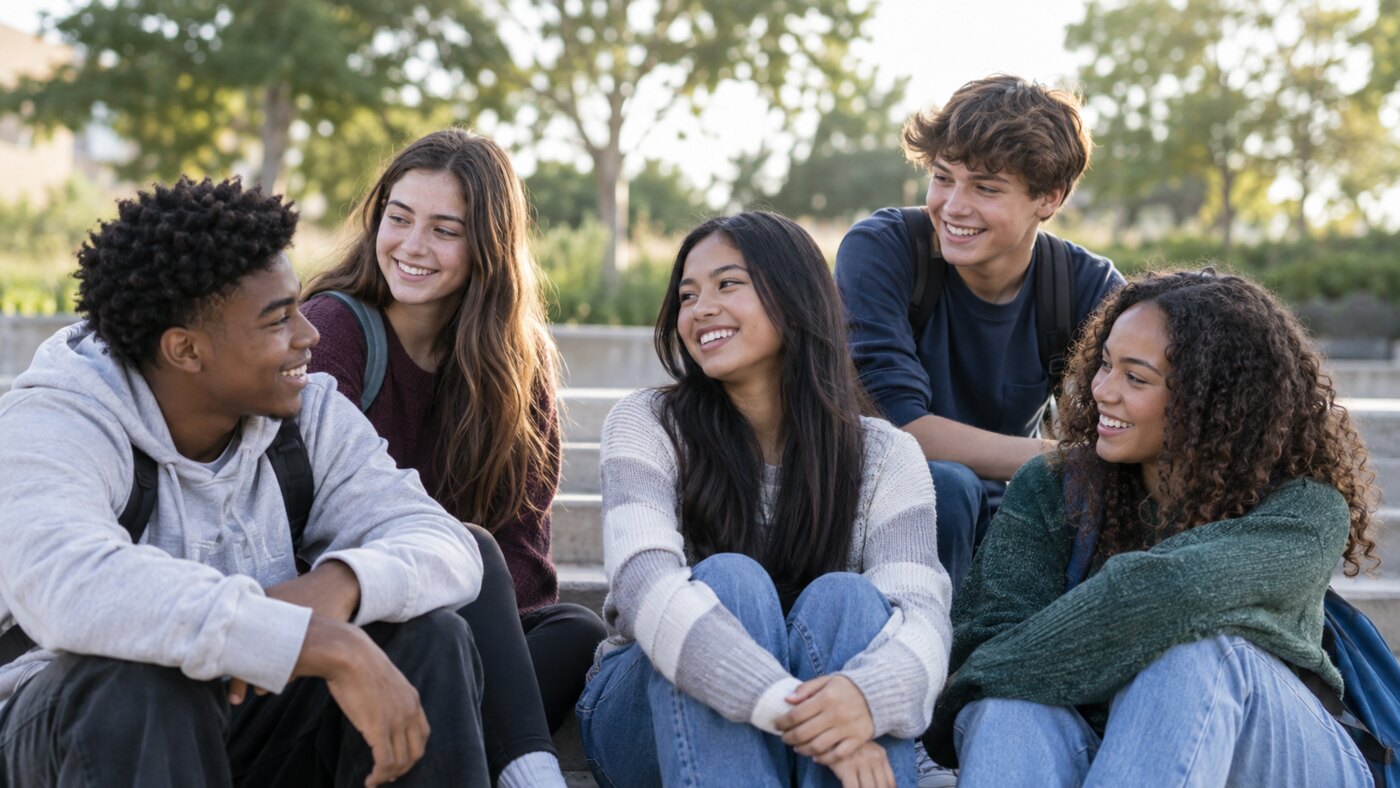 A diverse group of teenagers smiling and spending time together outdoors